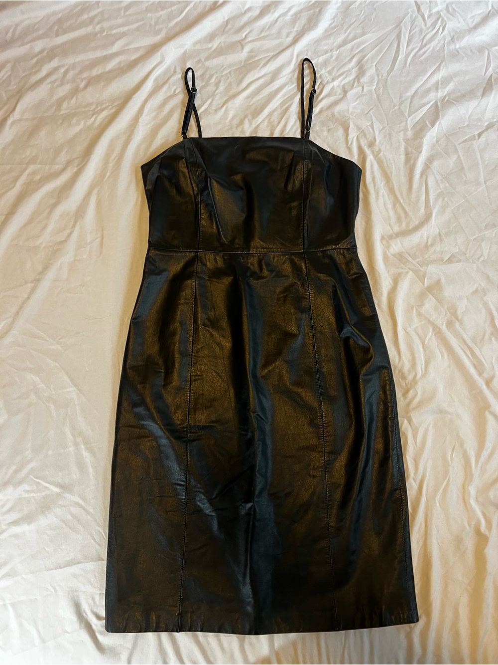 Vintage Nine West Black Leather Midi pencil dress with Spaghetti Straps